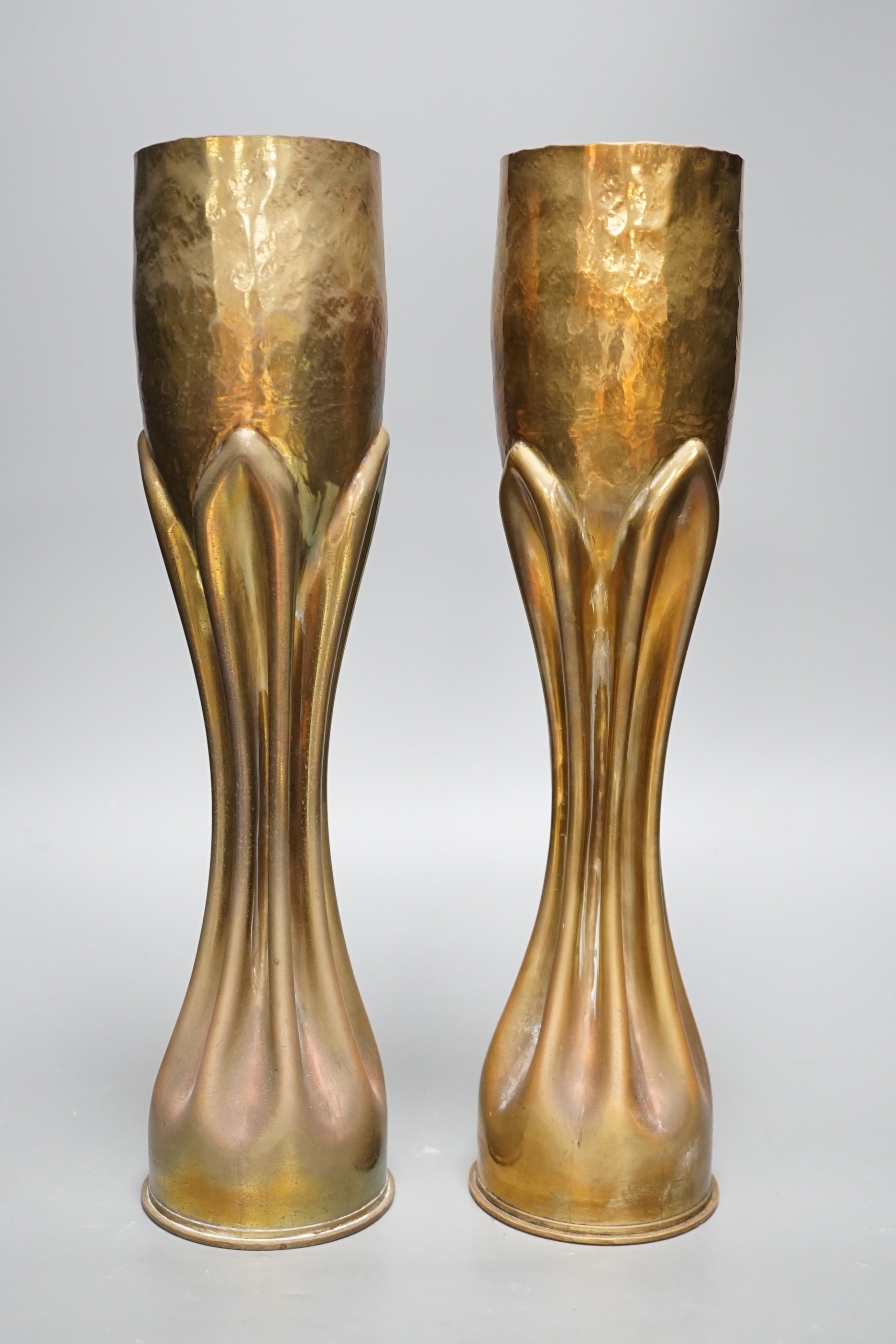 Trenchart- A pair of WWI brass shell case vases, 34.5cm tall